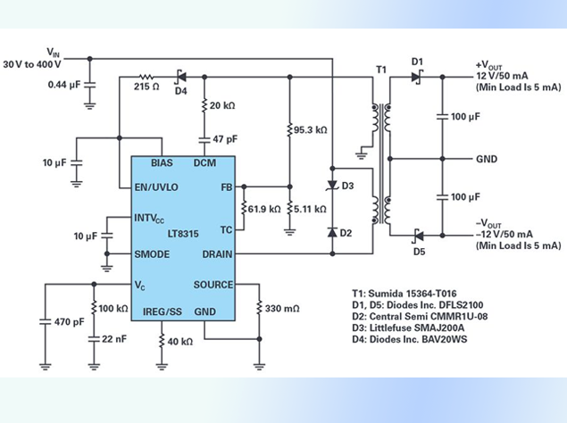 LT8315雙極性電源方案：寬輸入高壓轉(zhuǎn)±12