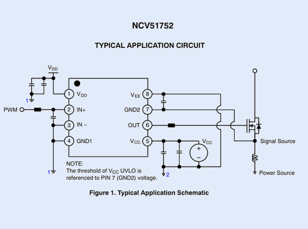 NCV51752：集成負(fù)壓輸出的單通道隔離柵極驅(qū)動(dòng)器 附引腳圖及應(yīng)用電路圖